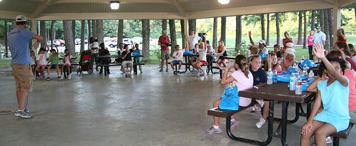Children Raising Their Hands Under a Pavilion